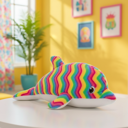 Colorful rainbow striped dolphin plush toy on a white surface with a yellow wall and plant in the background