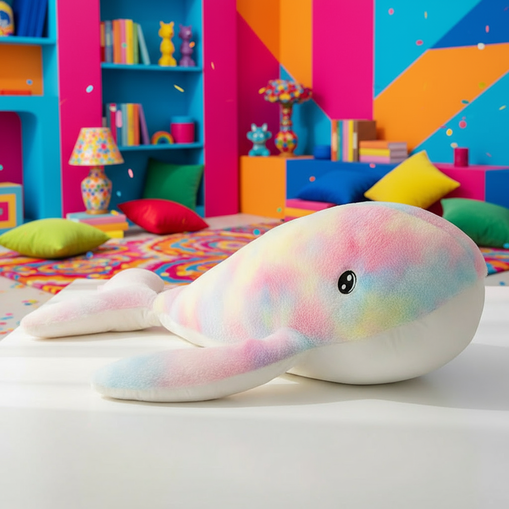 Rainbow Whale Plushie laying in the floor of a vibrant living room setting