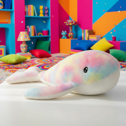 Rainbow Whale Plushie laying in the floor of a vibrant living room setting