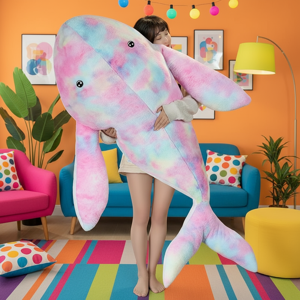 Woman holding a giant rainbow whale plushie in a vibrant living room setting