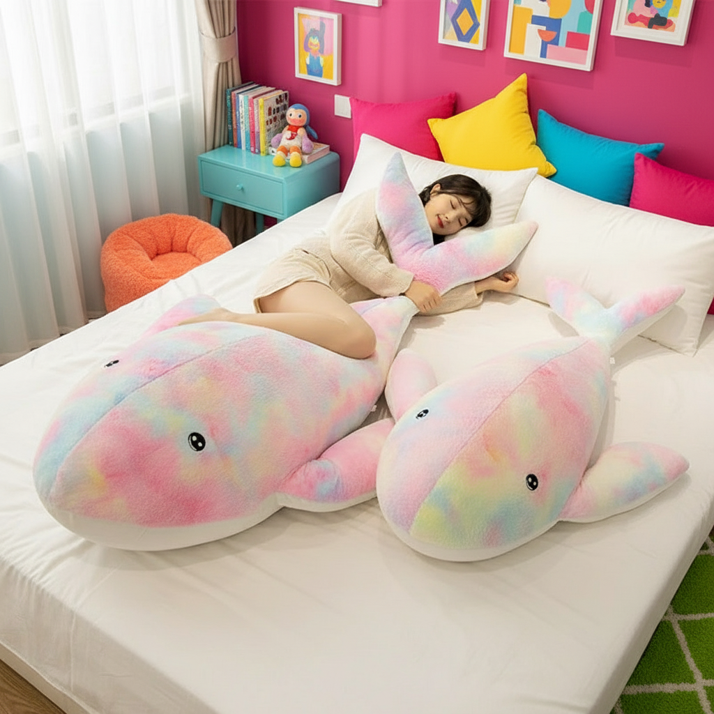 Woman laying in a bed hugging two rainbow whale plushies in a vibrant bedroom setting