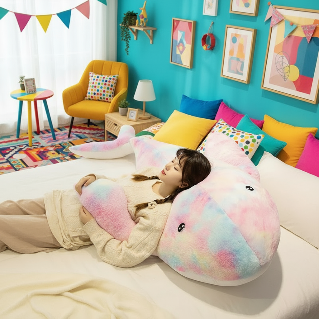 Woman laying in a bed hugging a rainbow whale plushie in a vibrant bedroom setting