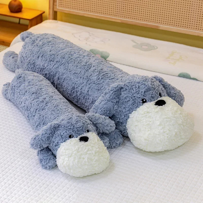 Two large blue dog kawaii Plushie Body Pillows on a bed