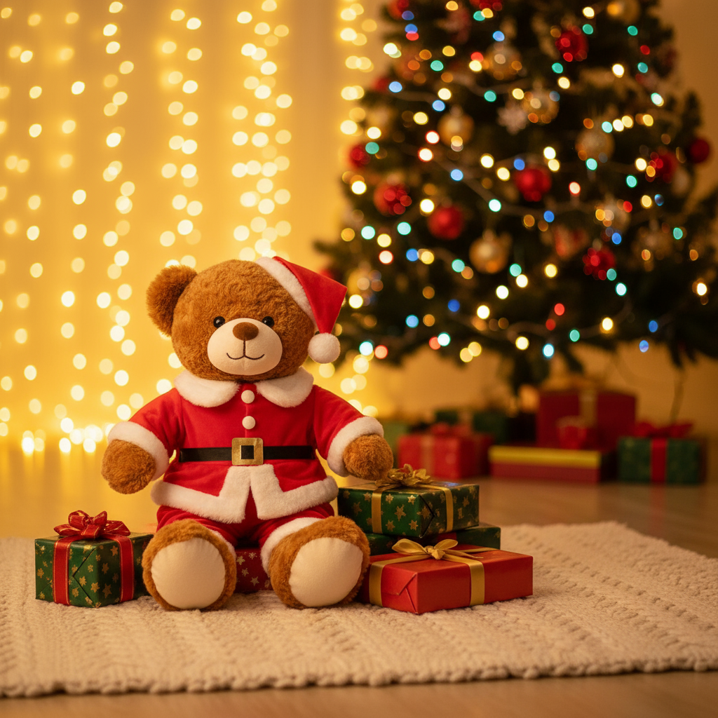 Teddy bear in a Santa outfit with Christmas presents and tree in the background