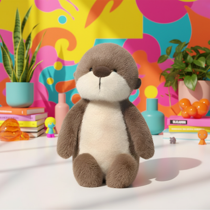 Plush otter toy in front of a colorful abstract wall with plants and books.