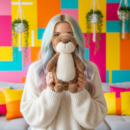 Woman holding a plush toy in front of a colorful geometric wall.