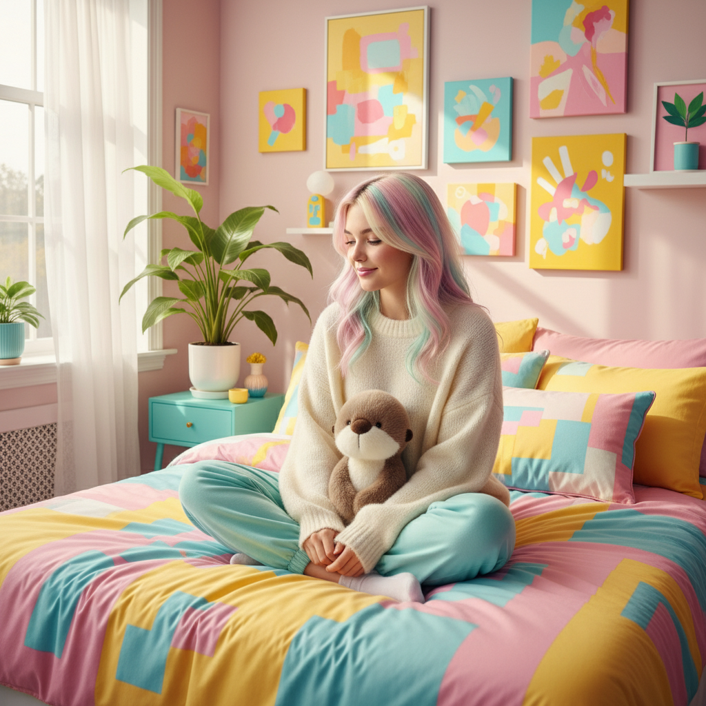 Person with pastel-colored hair sitting on a colorful bed holding a plush otter toy in a room with pink walls and decorative art.