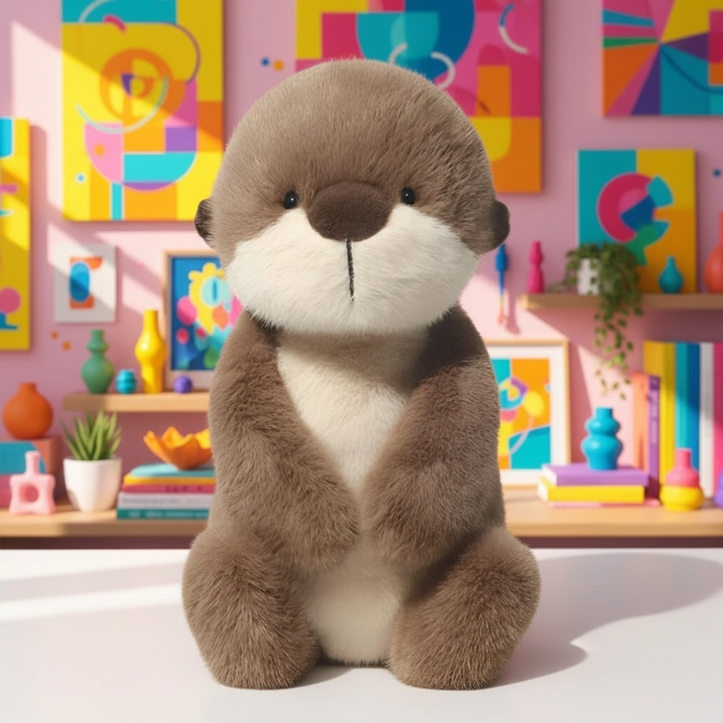 Plush otter toy in a colorful room with abstract art and toys.