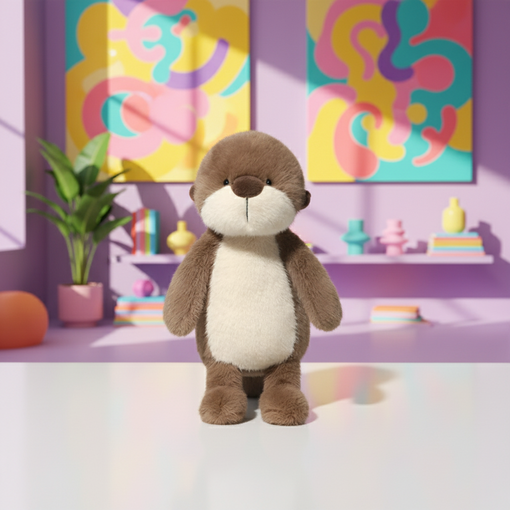 Plush otter toy in a room with colorful abstract art on the wall.