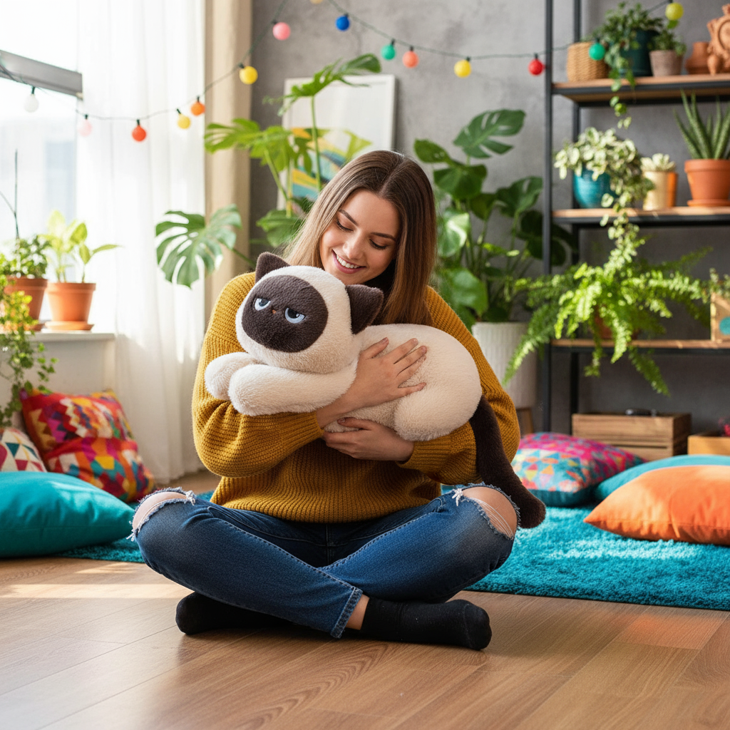 Woman holding a large plush cat toy in a cozy living room with plants and colorful pillows.