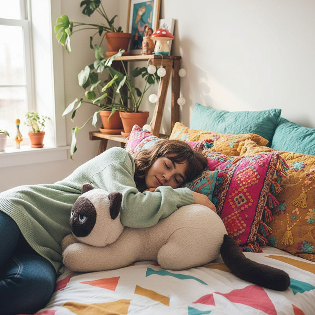 Woman lying on a colorful bed with a cat plush toy, surrounded by plants and decor.