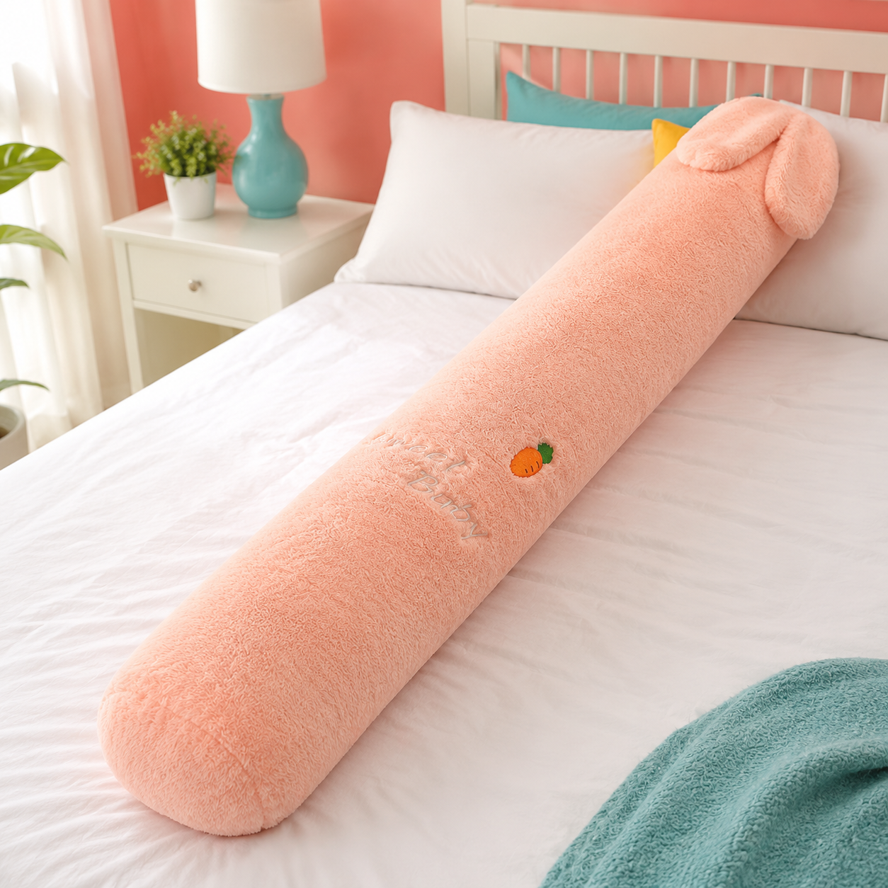 Blush pink bunny long plushie body pillow with floppy ears on a colorful bed