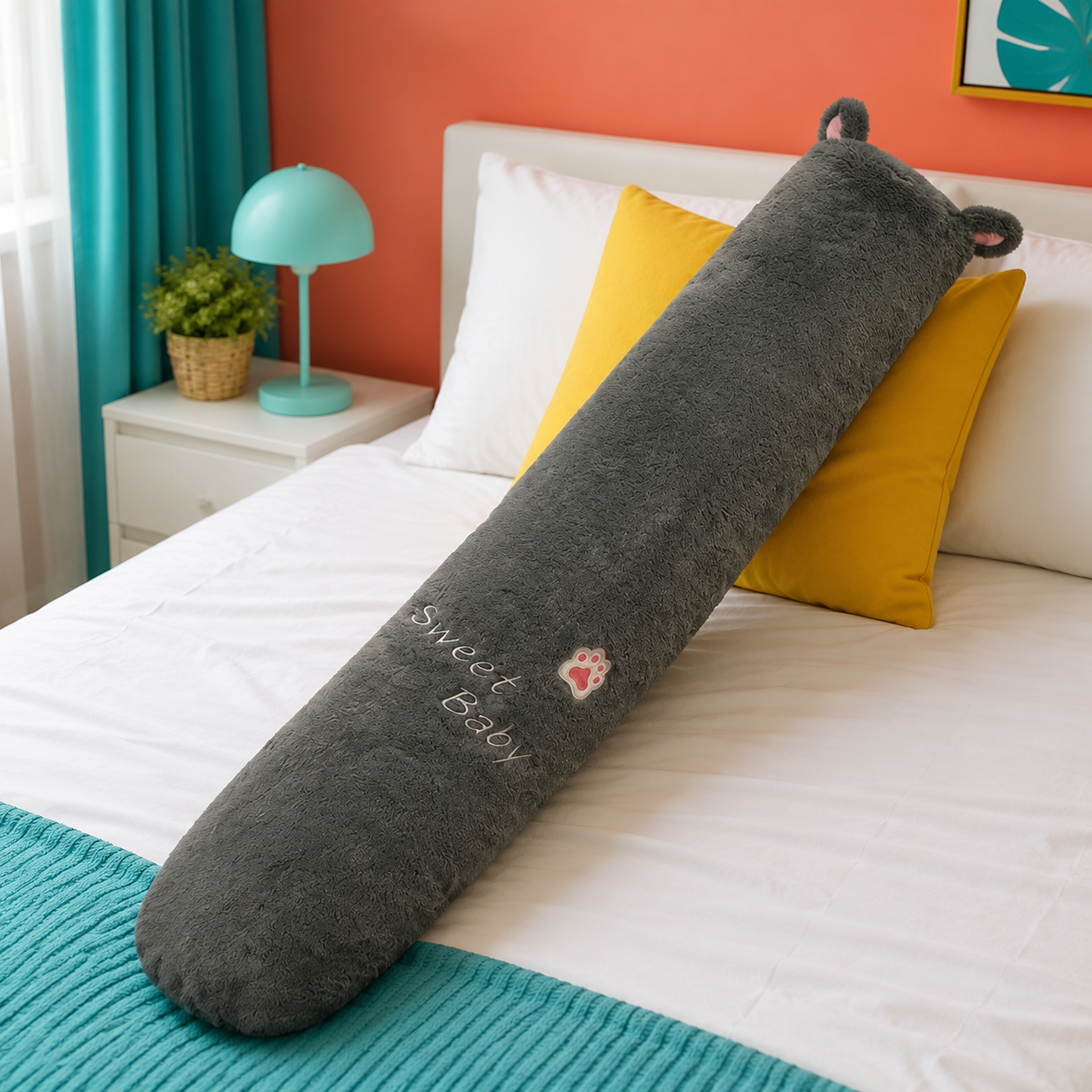 Charcoal gray bunny long animal plushie body pillow on a colorful bed