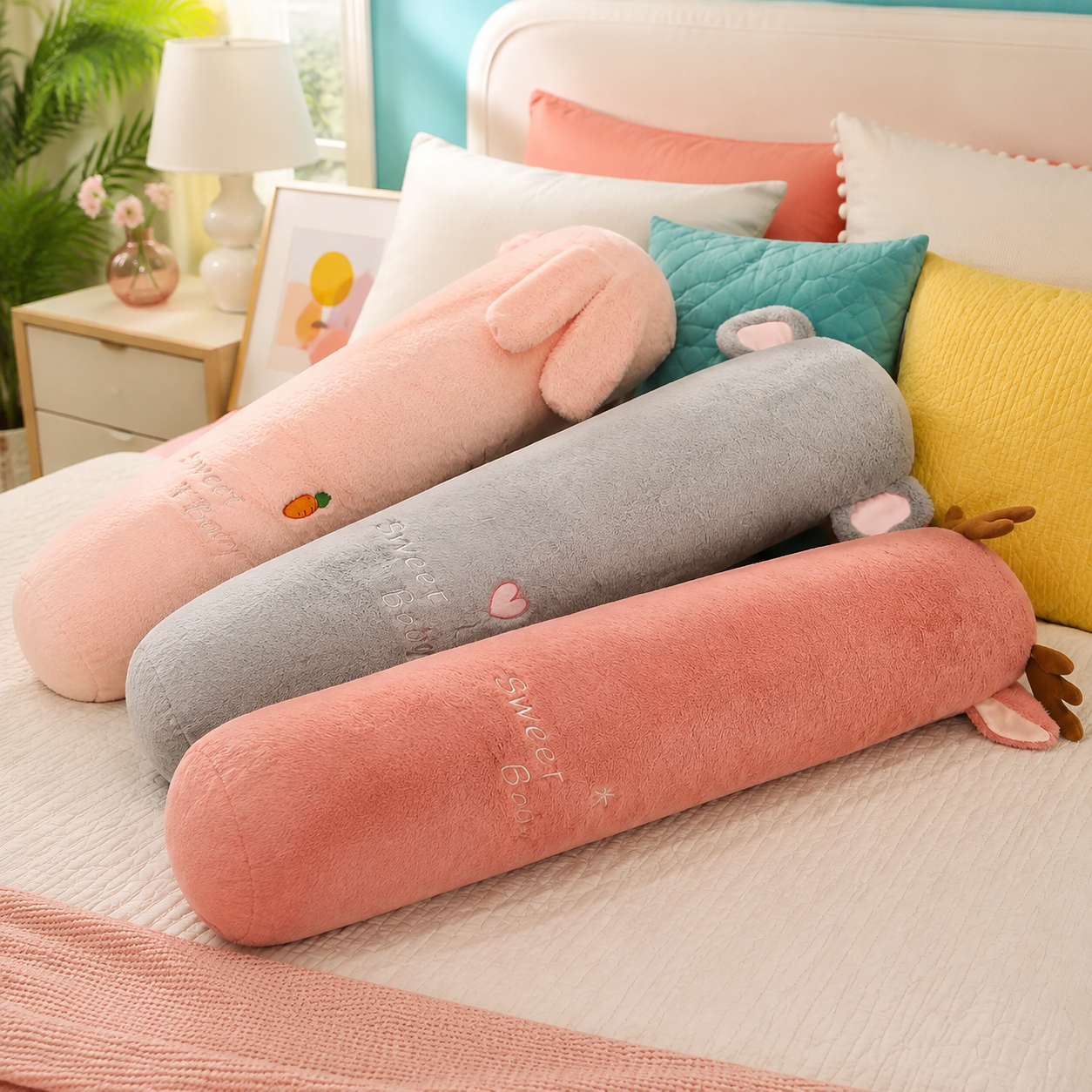 Sleepy Critters long animal plushie body pillows in bunny, elephant, and deer styles on a colorful bed