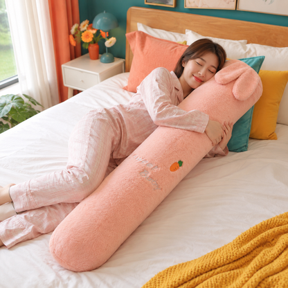 Woman cuddling a blush pink Sleepy Critters long bunny plushie body pillow on a colorful bed