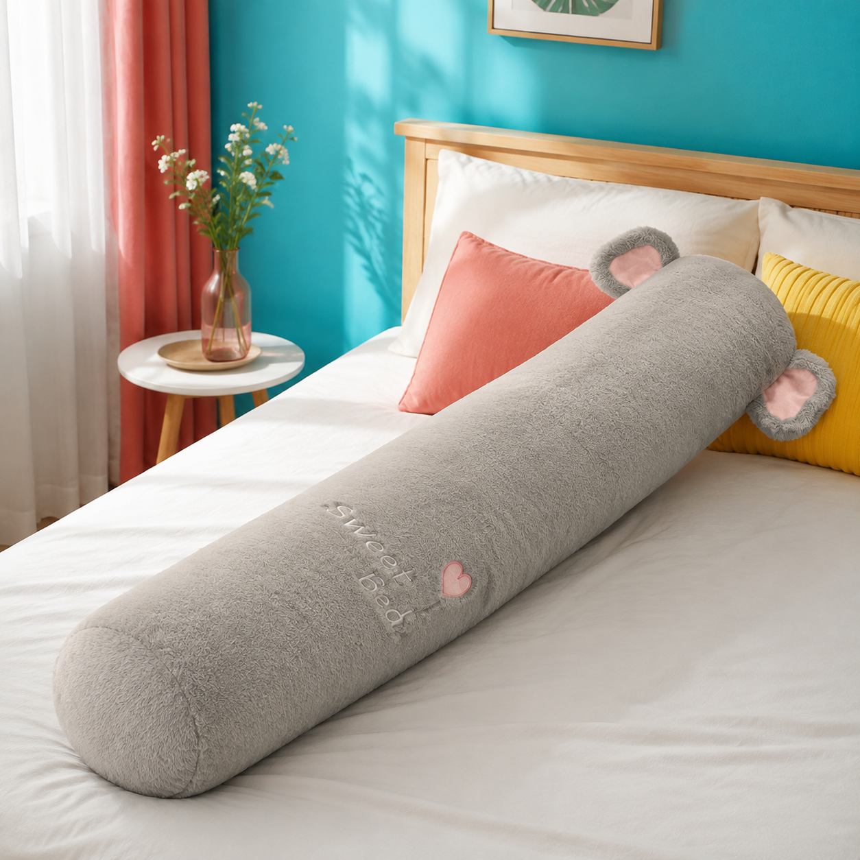 Mist gray elephant long animal plushie body pillow on a colorful bed