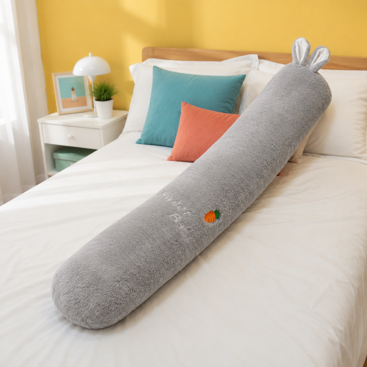 Silver gray rabbit long animal plushie body pillow on a colorful bed