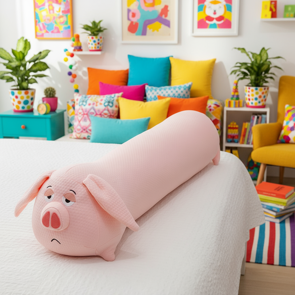 Pink pig-shaped plushie pillow on a white couch with a colorful room in the background