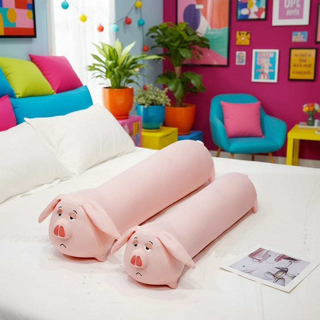 Two pink pig-shaped body pillows on a bed in a colorful room with furniture and decor.