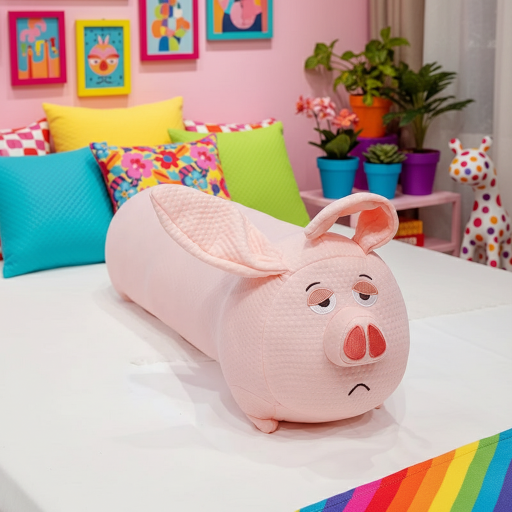 Pink pig plushie body pillow on a bed with colorful pillows and decor in the background