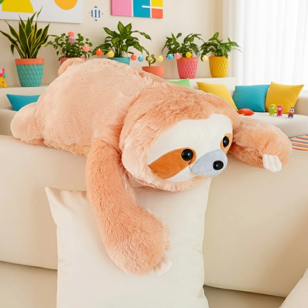 Large plush sloth toy on a couch with a colorful living room background