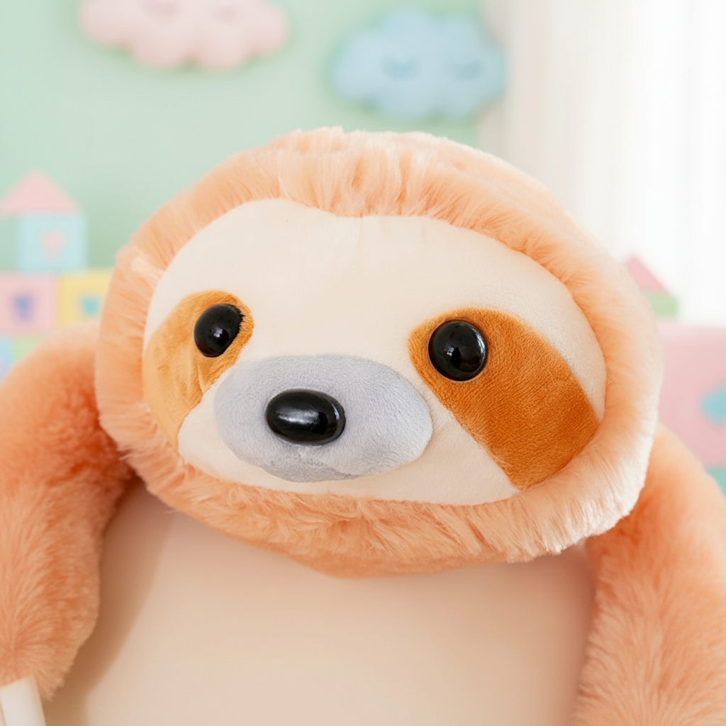 Close-up of a plush sloth toy with a colorful background