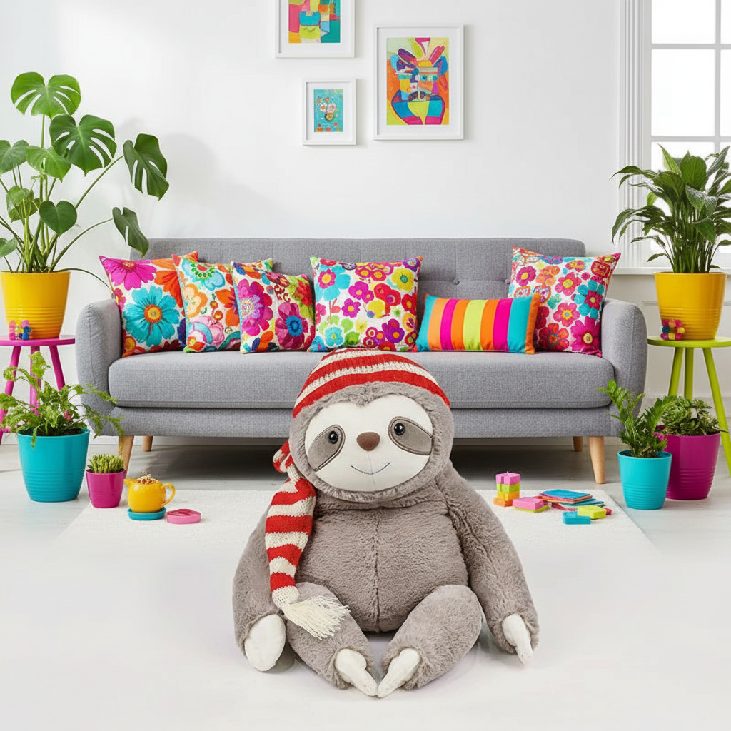 Plush sloth toy with a striped hat in a colorful living room.