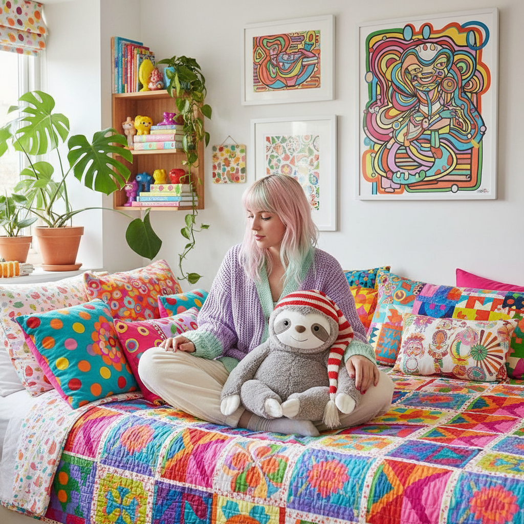 Woman sitting on a colorful bed holding a sloth plush toy in a room with vibrant decor.