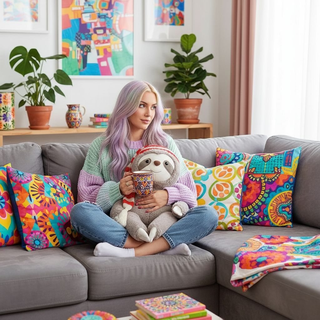 Woman sitting on a couch holding a sloth plush toy and a mug, surrounded by colorful pillows and decor.