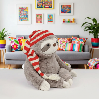 Plush sloth toy wearing a red and white striped hat in a colorful living room.