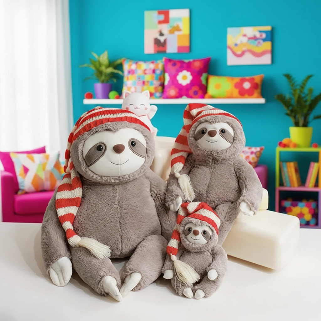 Three sloth plush toys wearing red and white striped hats in a colorful room.