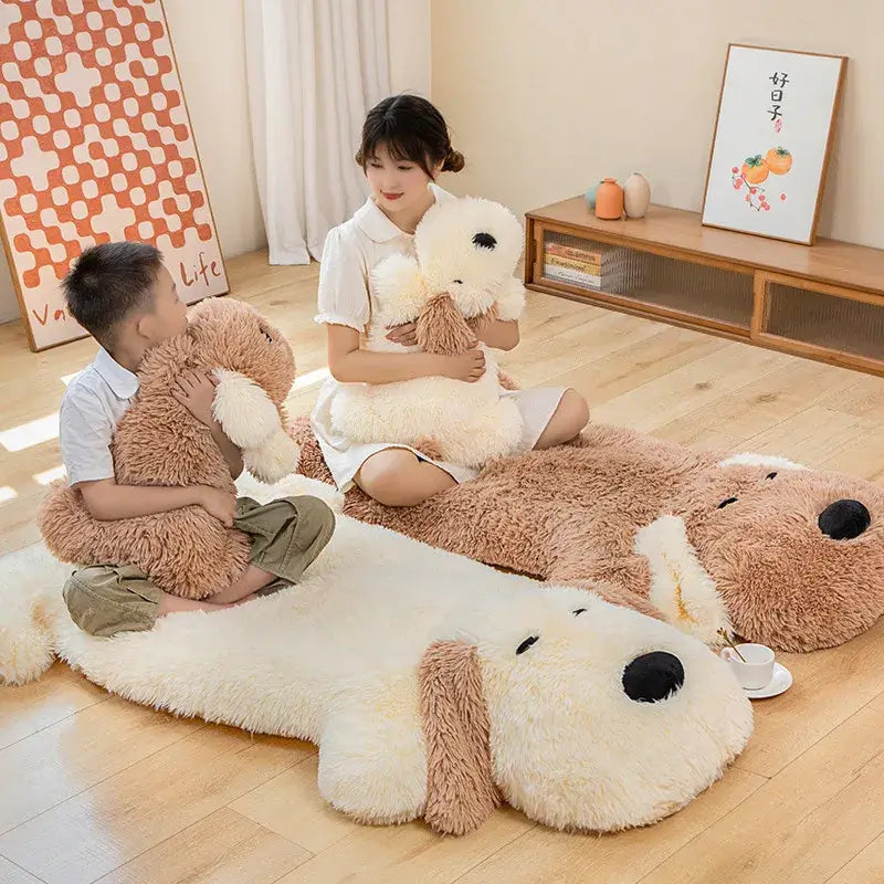 Snuggle Spot: Oversized Dog Pillow kawaii stuffed animal using large on floor and holding small size
