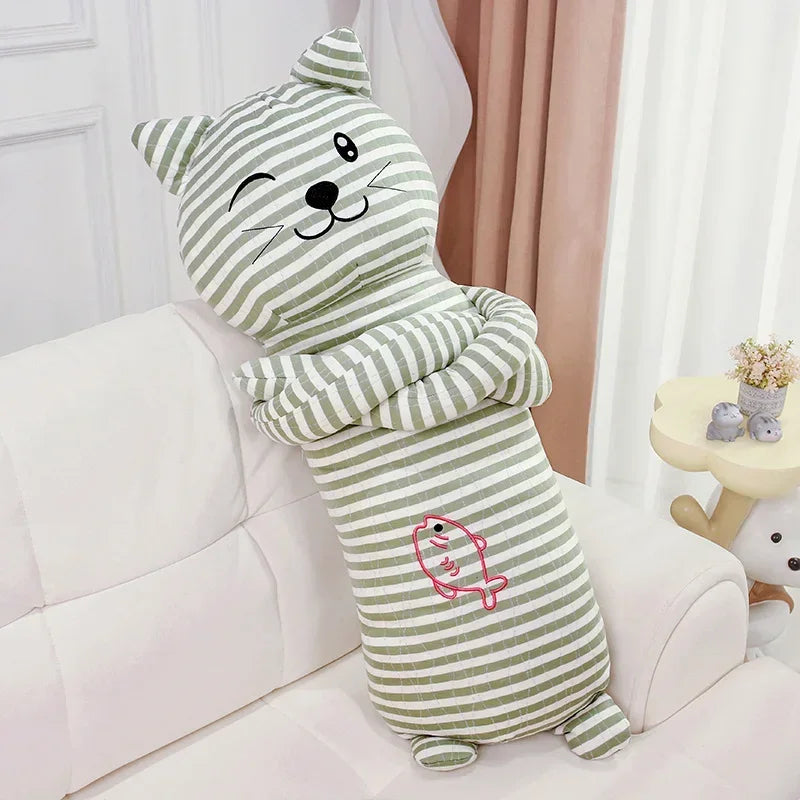 Snuggle Stripe Cat Body Pillow Green Color with Wink Eyes