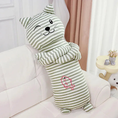 Snuggle Stripe Cat Body Pillow Green Color with Wink Eyes