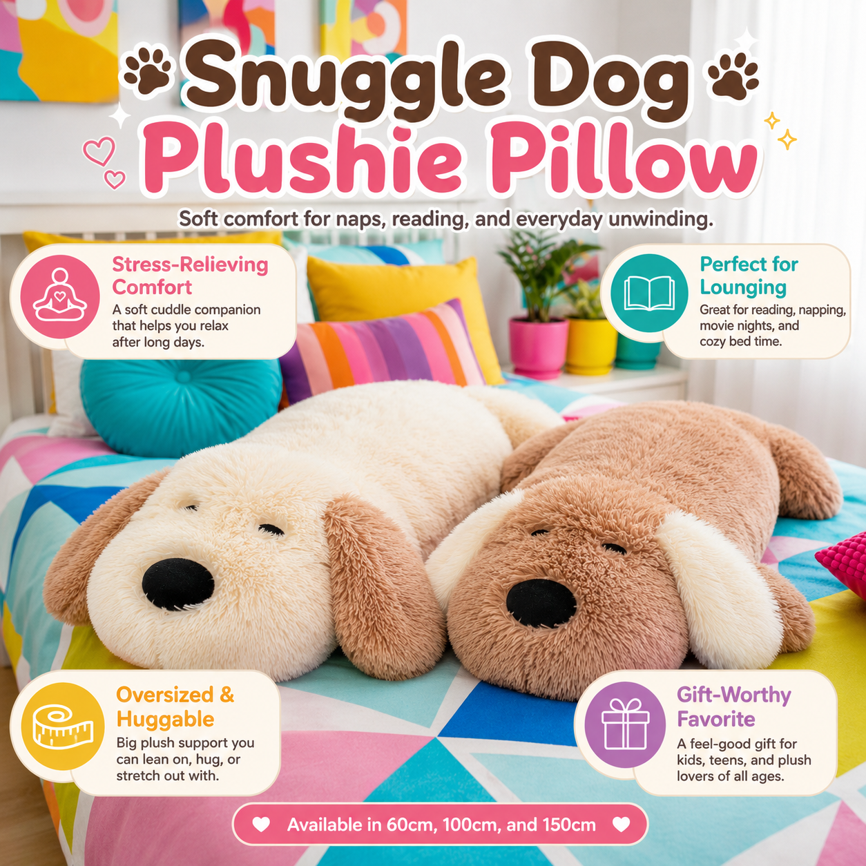 A plush dog snuggle pillow displayed on a colorful bed, with promotional text overlays describing its comfort, suitability for naps and lounging, oversized size, and gift-worthy appeal.