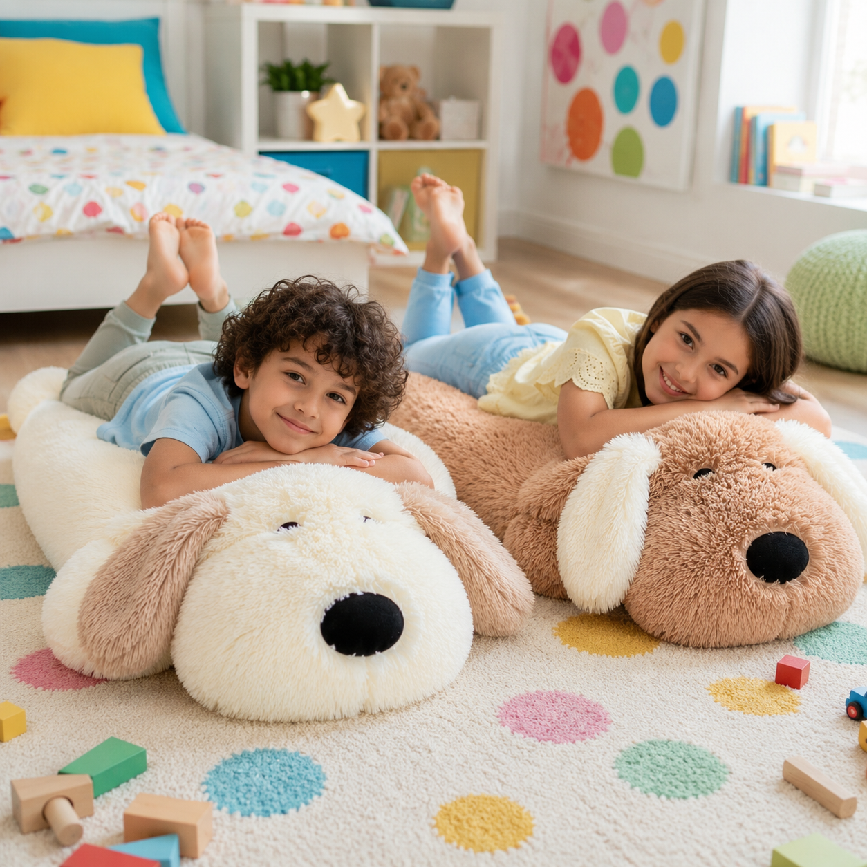 Two children lying on a colorful polka-dot rug in a bright playroom, each resting on a large plush dog-shaped plushie. One cushion is cream and white, and the other is tan and cream, both with black snout and nose details.