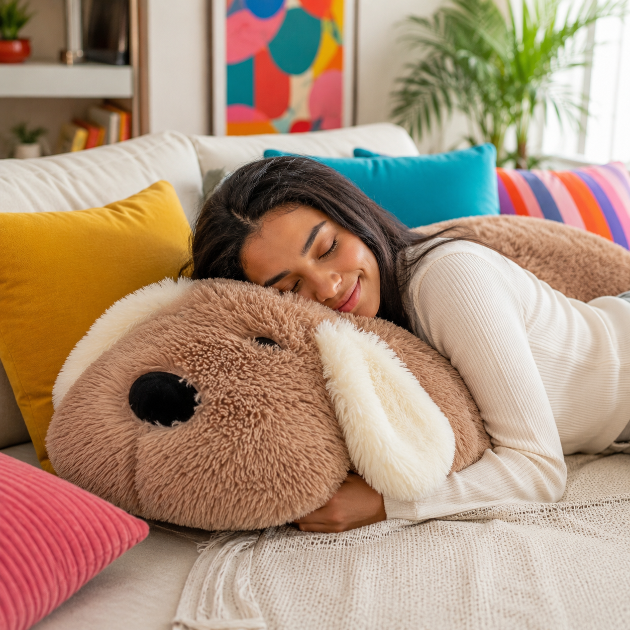 A woman rests her head on a large brown plush dog body pillow with cream-colored ears and muzzle, lying on a couch surrounded by colorful pillows in a cozy living room setting.