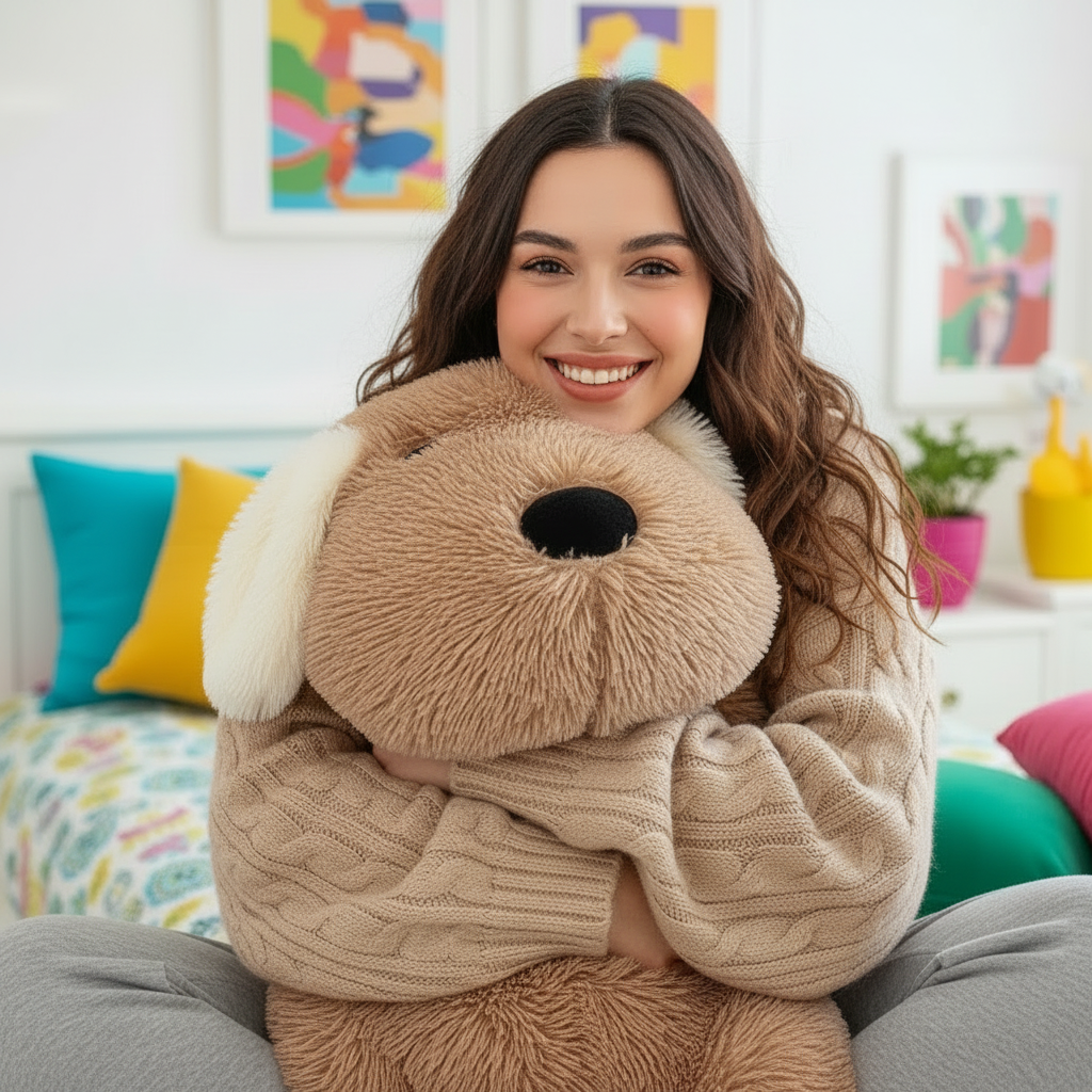 Woman holding a large brown plush dog  body pillow in a colorful room