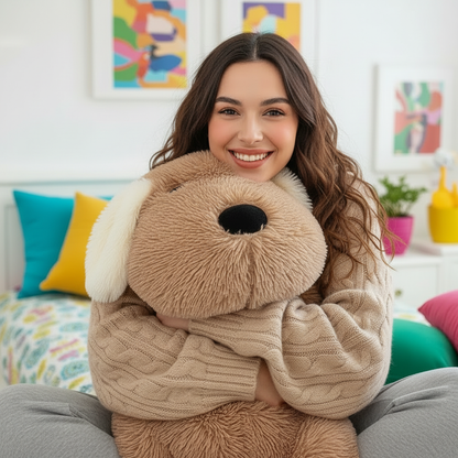 Woman holding a large brown plush dog  body pillow in a colorful room