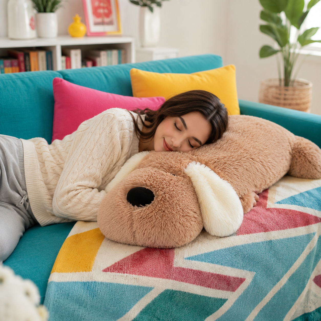 A woman lies on a turquoise couch, resting her head on a large plush dog-shaped pillow. The pillow is tan with cream-colored floppy ears and a black nose.