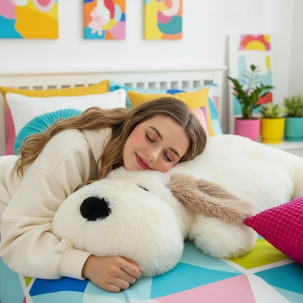 Woman hugging a large white dog plush body pillow in a colorful bedroom