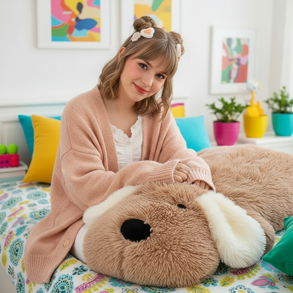 Woman sitting on a bed with a large plush dog, surrounded by colorful decor.