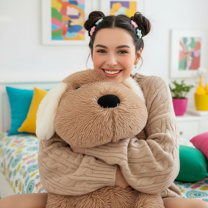 Woman holding a large brown plush dog in a colorful room.