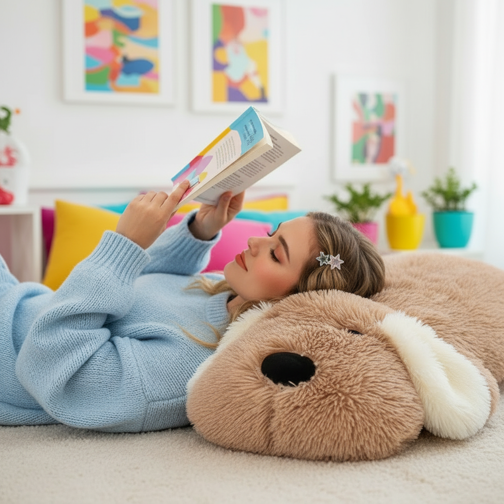 Woman reading a book on a couch next to a large plush dog in a cozy living room.