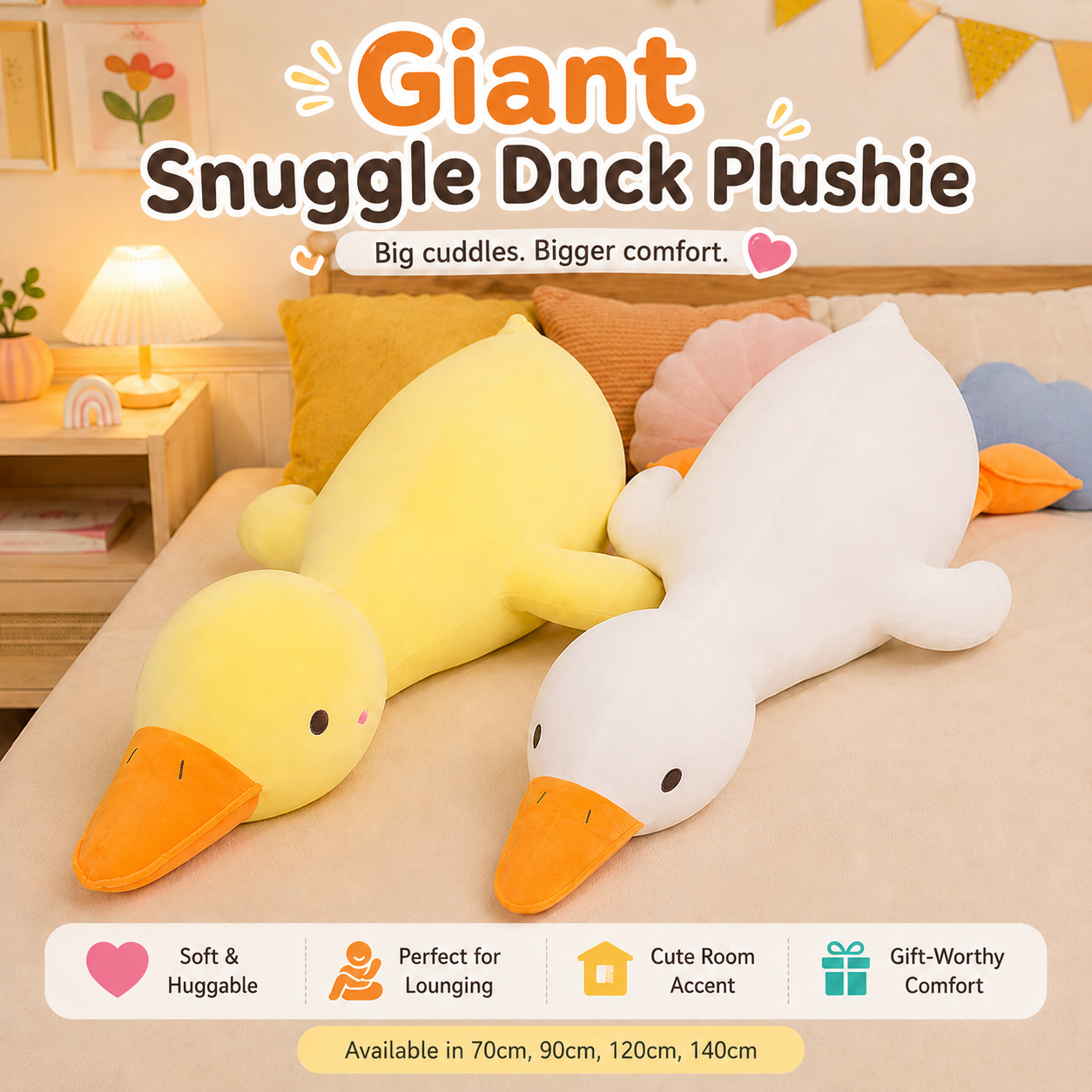 Two giant plush duck body pillows, one yellow and one white, lying side by side on a bed in a cozy bedroom setting. The image includes promotional text overlays describing the product as 'Giant Snuggle Duck Plushie' and listing features such as 'Soft & Huggable' and 'Perfect for Lounging'.
