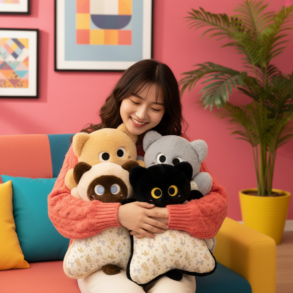 A woman smiling while hugging a group of four plush animal pillows on a colorful sofa in a decorated room with pink walls and a potted plant.