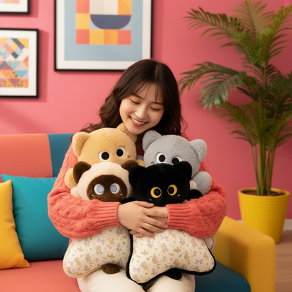 A woman smiling while hugging a group of four plush animal pillows on a colorful sofa in a decorated room with pink walls and a potted plant.