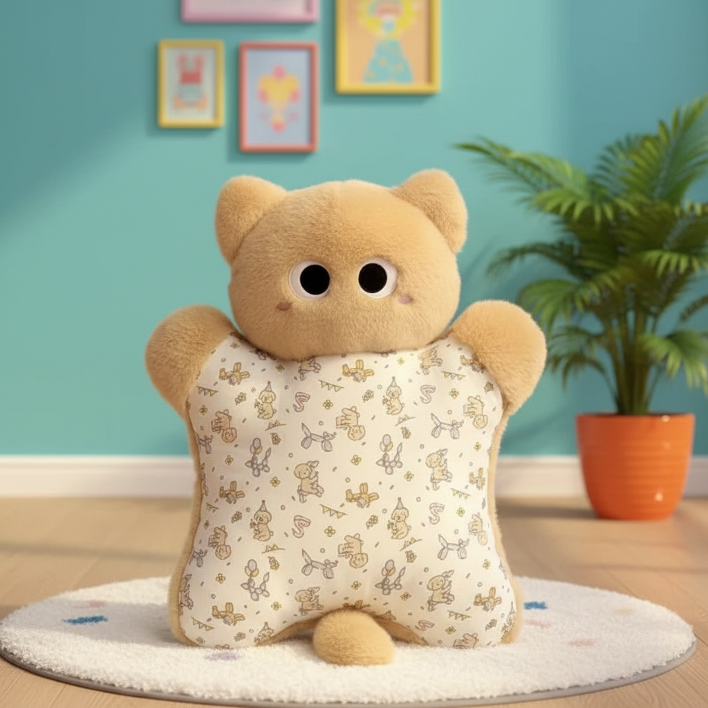 A plush cat pillow holding a square pillow with a small animal print pattern, set in a child's room with a blue wall, framed pictures, a potted plant, and a white rug.