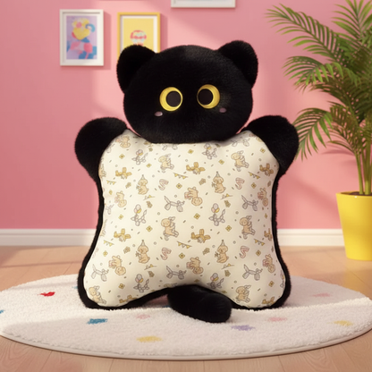 A black plush cat-shaped pillow with a cream pillow insert covered in a beige bunny pattern, set on a white round rug in a pink room with a potted plant.