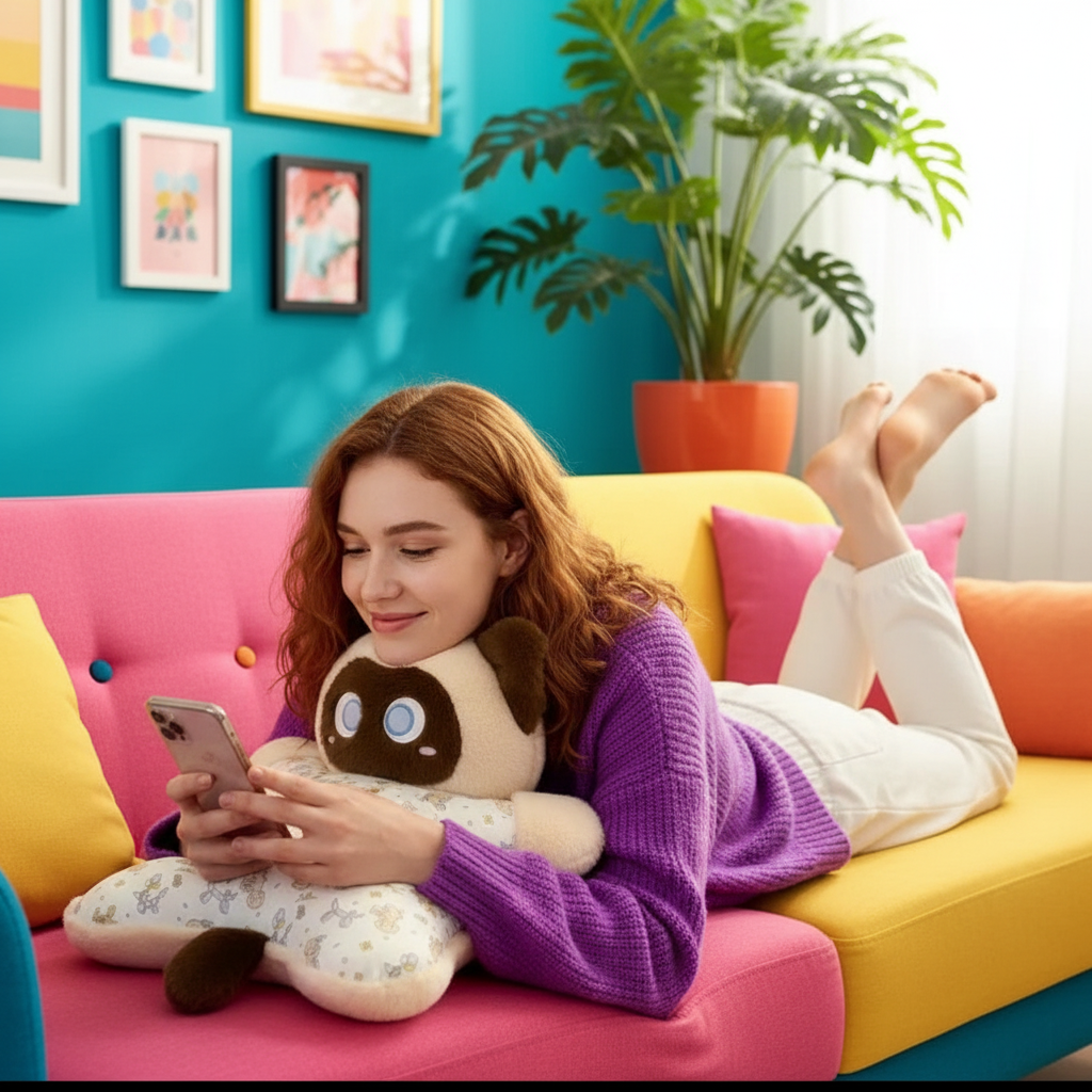 A woman with red hair lies on a colorful sofa holding a plush cat pillow and looking at her phone. The setting is a bright room with a turquoise wall, framed art, and a potted plant.